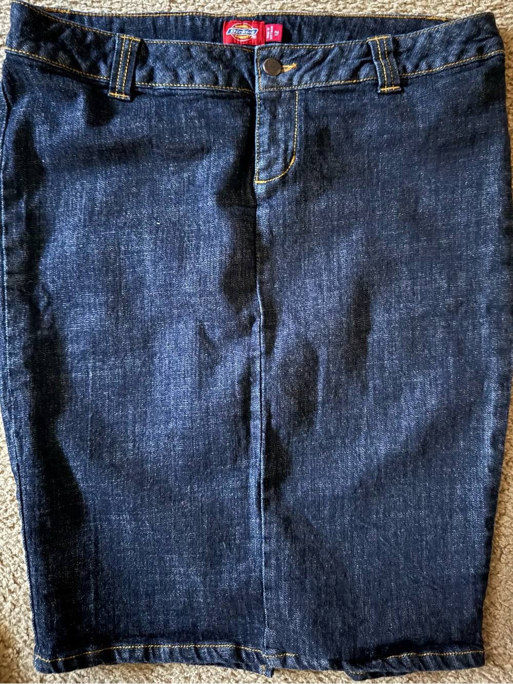 Dickies Women’s Dark Blue Jean Skirt with Contrast Stitching, Size 12